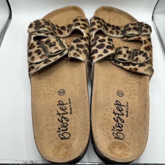 Biostep Womens 10.5 Cheetah Print Animal Fur Double Strap  Leather Sandals Spain - Picture 2 of 12